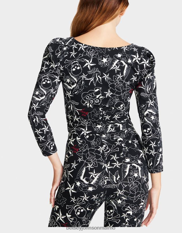 se Betsey Johnson kvinnor snygg i punk vintage inspirerad puffärm topp tatuering skriva ut Kläder 0V8BT295