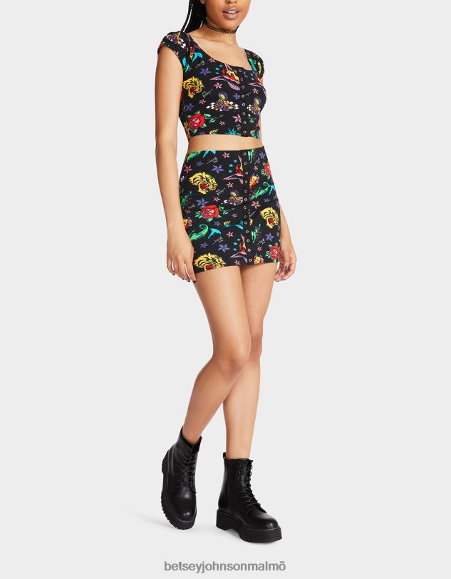 se Betsey Johnson kvinnor 80:e bash tatuering med knäppning framtill i minikjol tatuering pri Kläder 0V8BT288